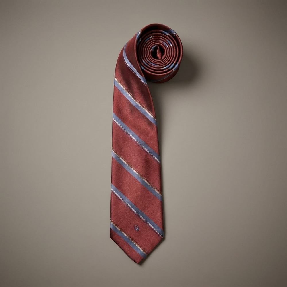 CHRISTIAN DIOR Mens Necktie OS Burgundy Silk Blend Classic Preppy Stripe